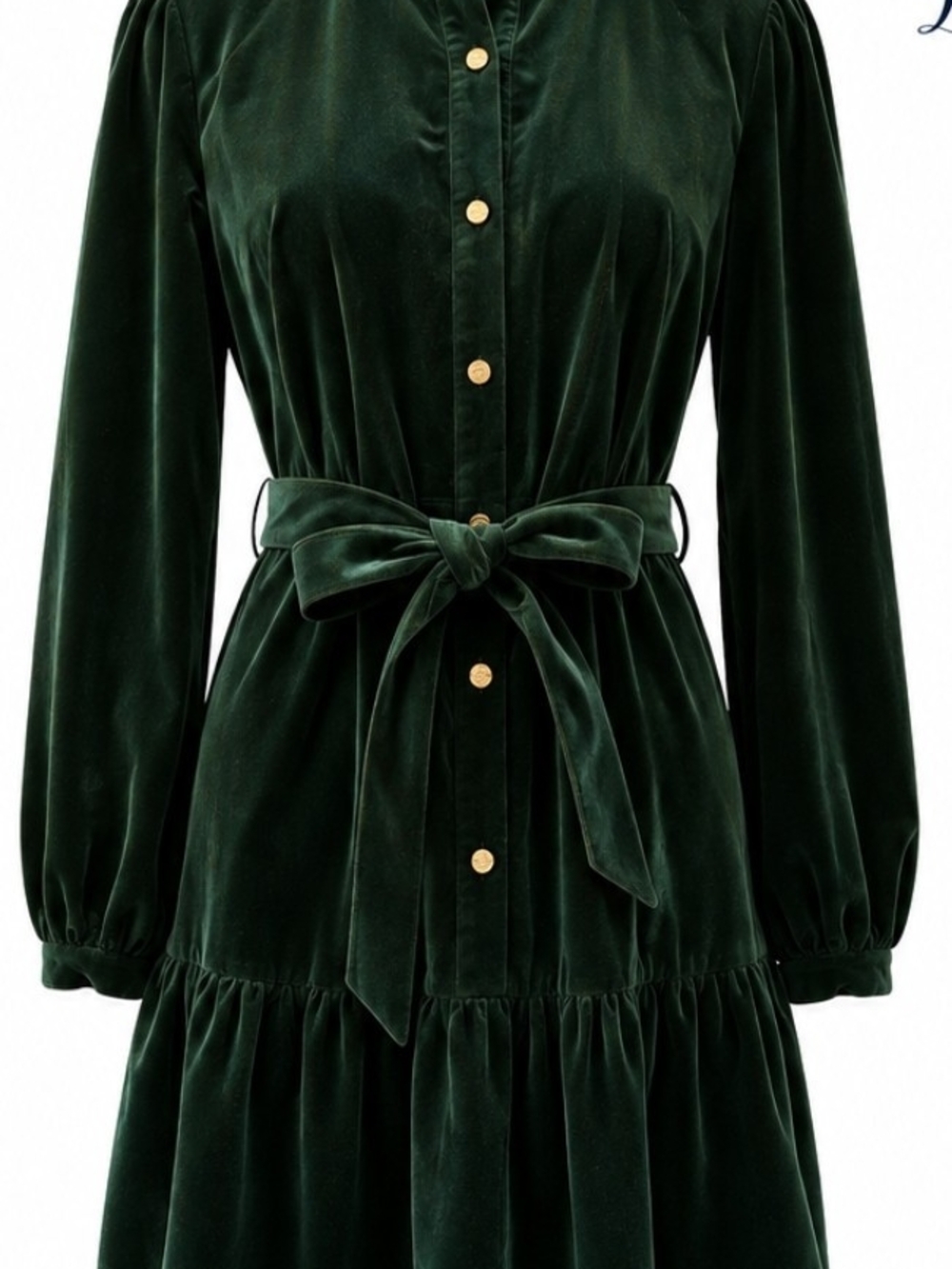 Draper James Emerald Green Velvet Button-Front Long Sleeve Dress with Tie Waist